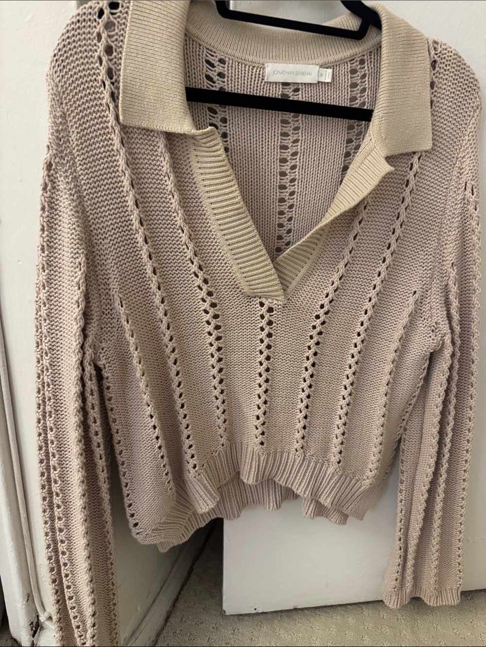 Jonathan Simkhai Beige Open-Knit V-Neck Polo Sweater